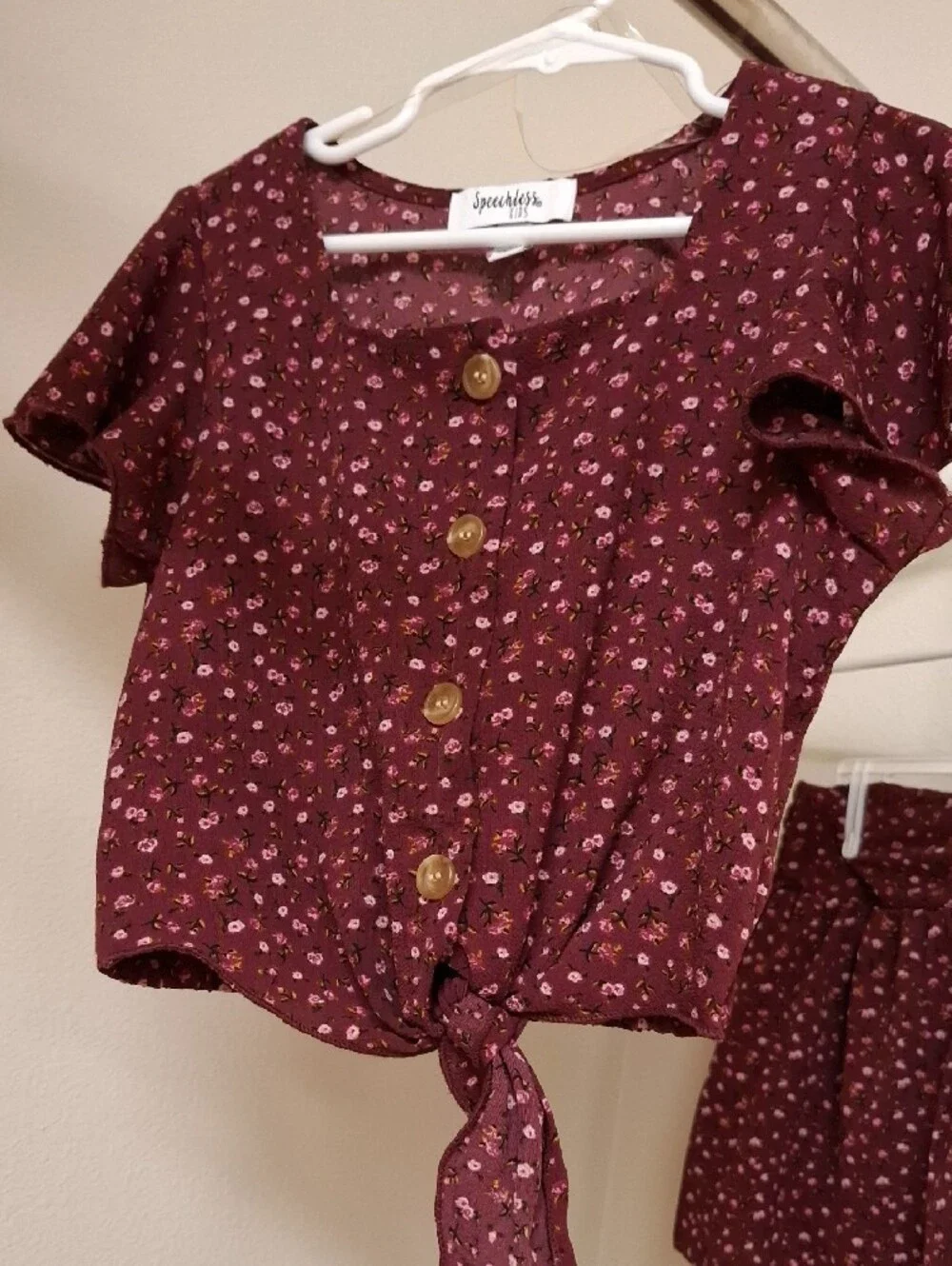 Speechless Burgundy Floral Tie-Front Top & Skort Set